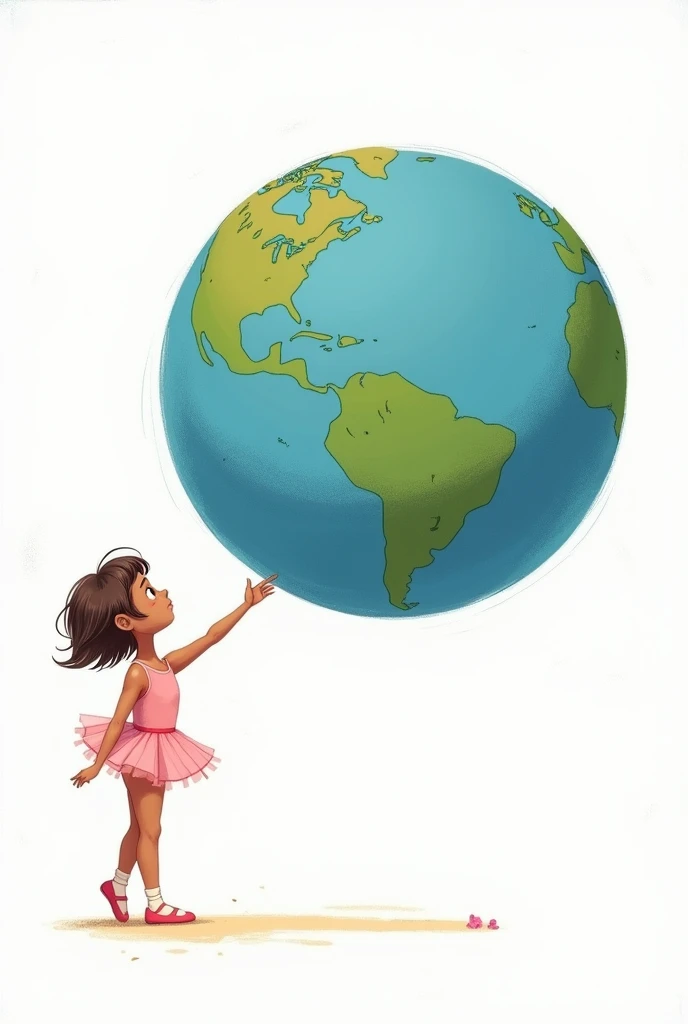 a ballerina pointing to Europe on planet Earth bigger than her big and beautiful and she stands below with her back turned, the most beautiful and biggest planet than her, on the other side the planet is on a white background, the ballerina has short hair that leans towards brown with more blonde and has slightly darker skin, I want it to look like a drawing, a cute and cute child's drawing, more drawn, pink clothes and she a little lighter