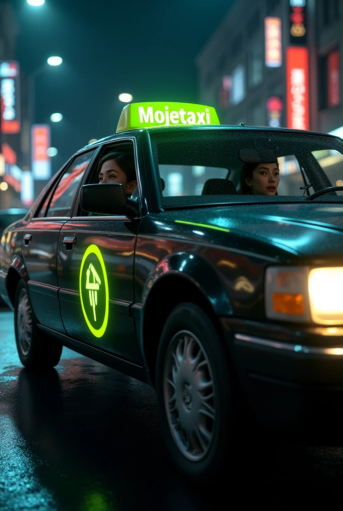 Taxi car with MojeTaxi logo, black car and white with green logo drives through the night city, a girl gets into this car, asks to make the music louder inside the car