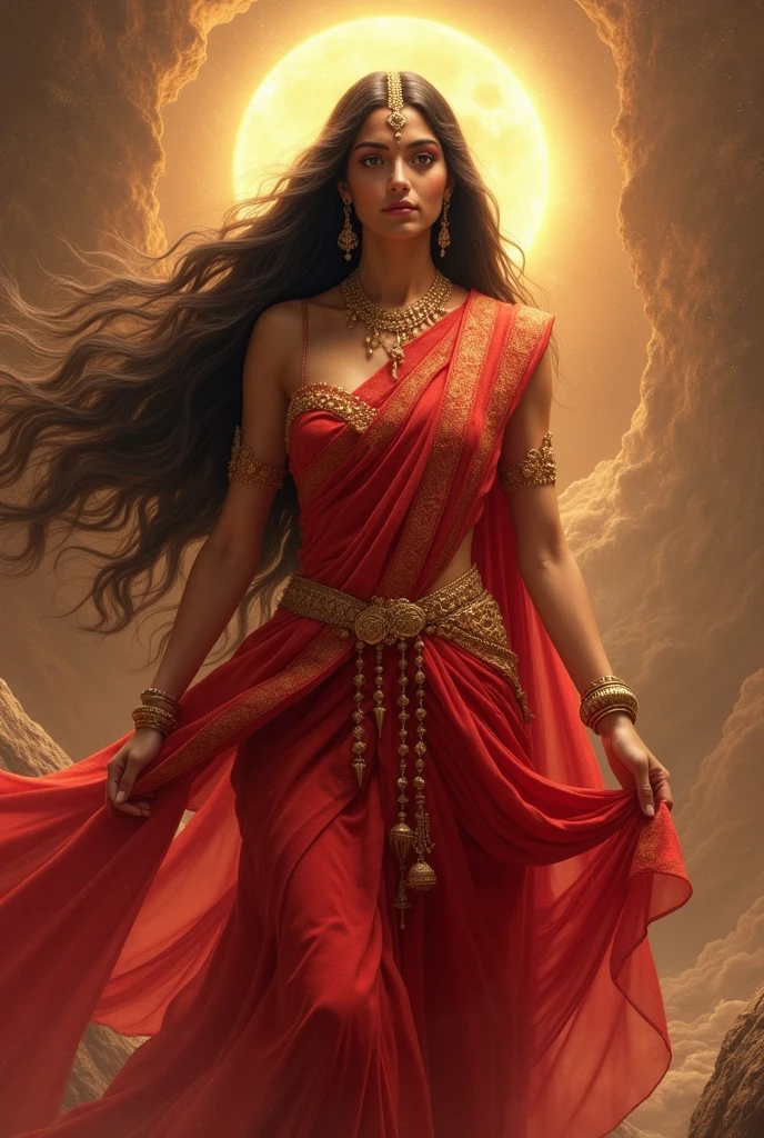 Long hair goddess Sita,red saree dress