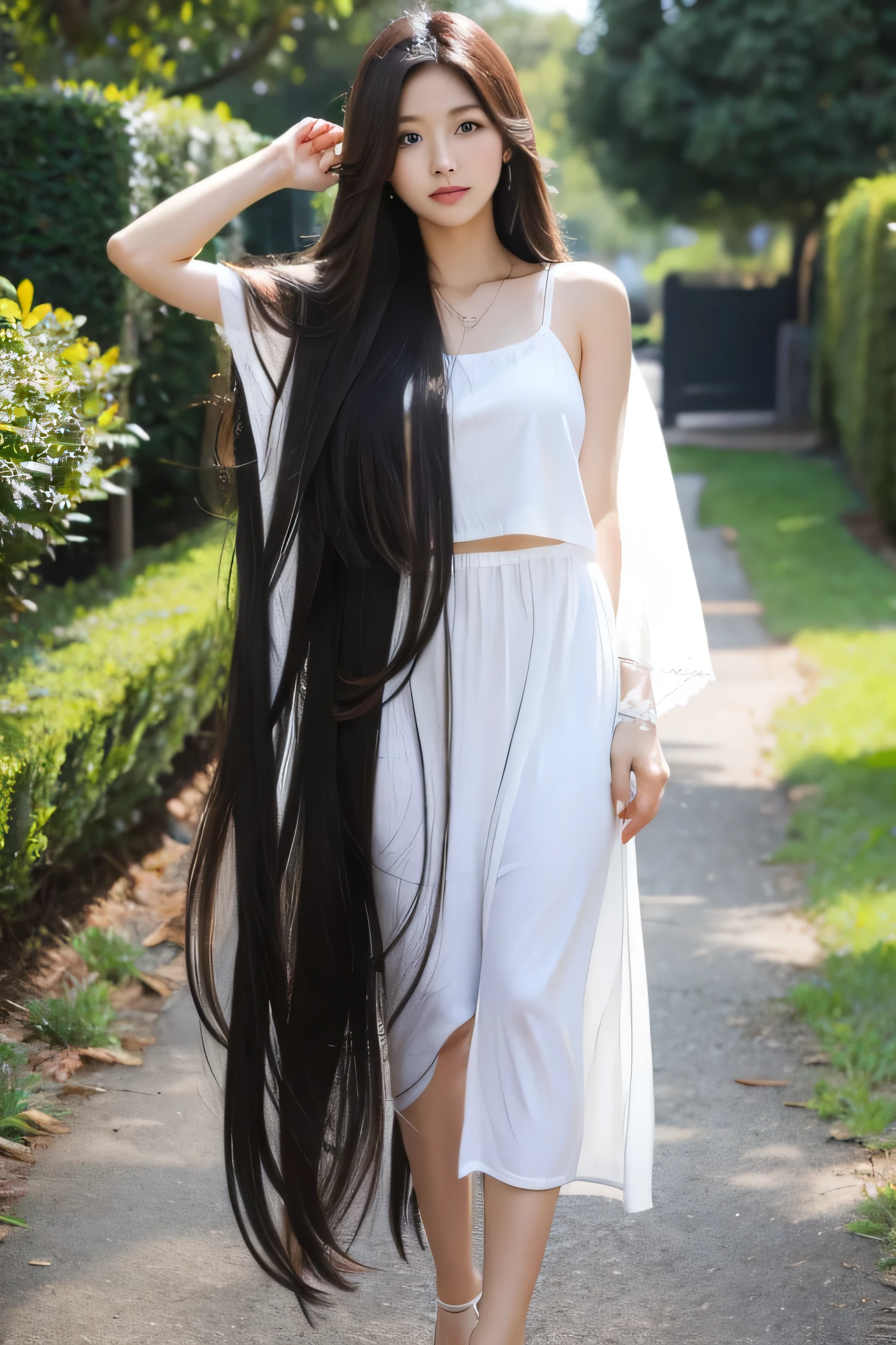 A woman with long black hair walking down a path - SeaArt AI