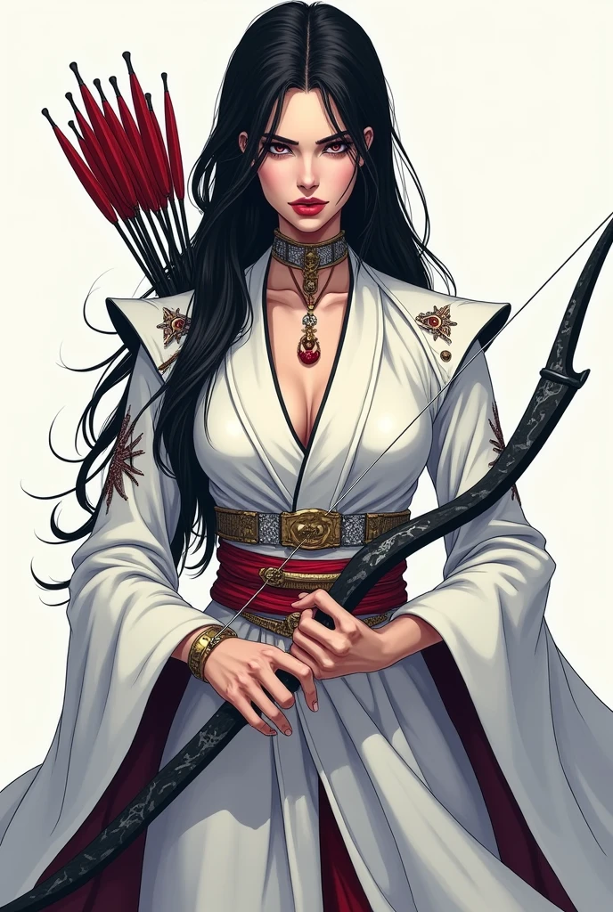 “Sara Sampaio as a Quincy from Bleach, wearing traditional Quincy attire with intricate details. She has a nihilistic expression on her face, capturing the essence of detachment and darkness. The Quincy outfit should include the signature white uniform and a bow with arrows. The image should be highly detailed and styled in anime art.
