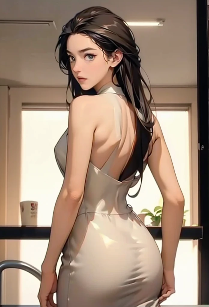 perfect eyes:1.2, detailed eyes:1.4, m0n1c4b-v2, xyzsam, straight hair, very long hair, no blunt, forehead, black hair, brown eyes, from behind, ass, looking back, restaurant, dr3ss, white dress, bare shoulders, latex, breasts, medium full shot, thigh-level shot, 1girl, solo, (masterpiece:1.6, best quality),