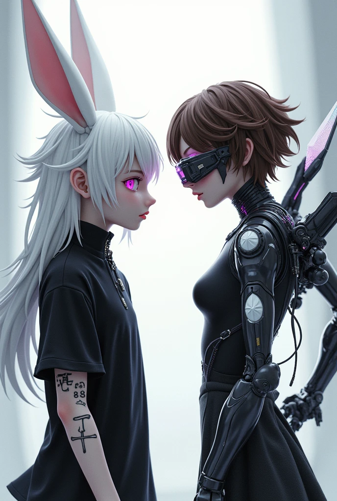 2 people
Boy :boy, white hair, long bunny ears, half eye magenta - half black, crystal glory, black skinny fit, white tattoo in arm
Girl : mecha style, girl, virtual galsses,extra robotic arms from back, short hair, white tattoos in face, brown hair
Standing in front of eachother