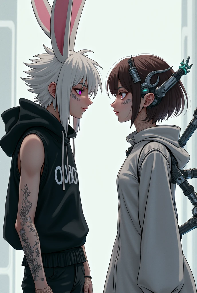 2 people
Boy :boy, white hair, long bunny ears, half eye magenta - half black, crystal glory, black skinny fit, white tattoo in arm
Girl : mecha style, girl, virtual galsses,extra robotic arms from back, short hair, white tattoos in face, brown hair
Standing in front of eachother