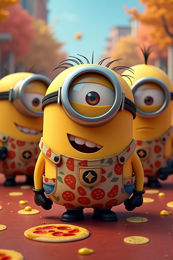 Minions wearing clothes with a print that says amopizza