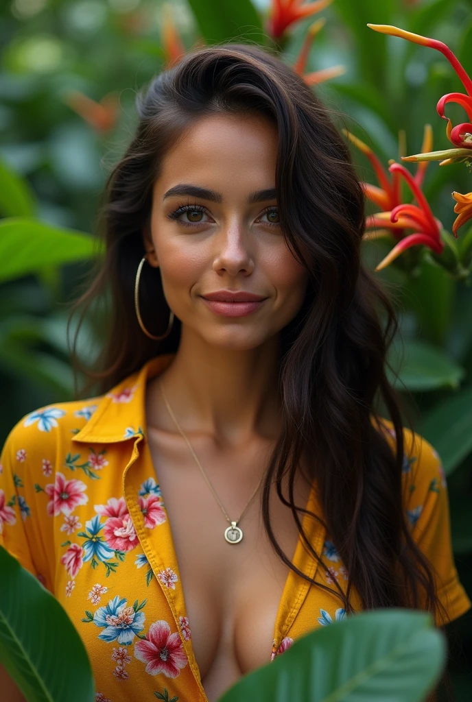 A Brazilian woman in a lush tropical garden, wearing an open shirt with a floral print, with a close-up capturing the harmonious beauty between her breasts and the natural flowers, showing off your natural charm and outgoing personality.