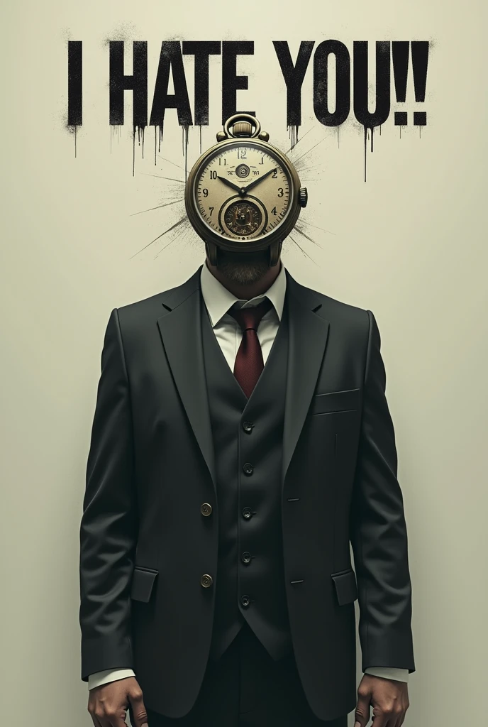 Guy with watch instead of face and “I HATE YOU!!” written above him