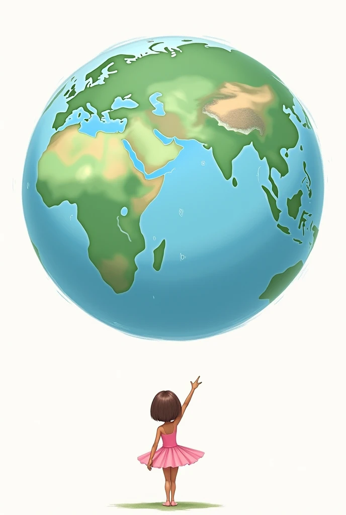 a ballerina pointing to Europe on planet Earth bigger than her big and beautiful and she stands below with her back turned, the most beautiful and biggest planet than her, on the other side the planet is on a white background, the ballerina has short hair that leans towards brown with more blonde and has slightly darker skin, I want it to look like a drawing, a cute and cute child's drawing, more drawn, pink clothes and she a little lighter