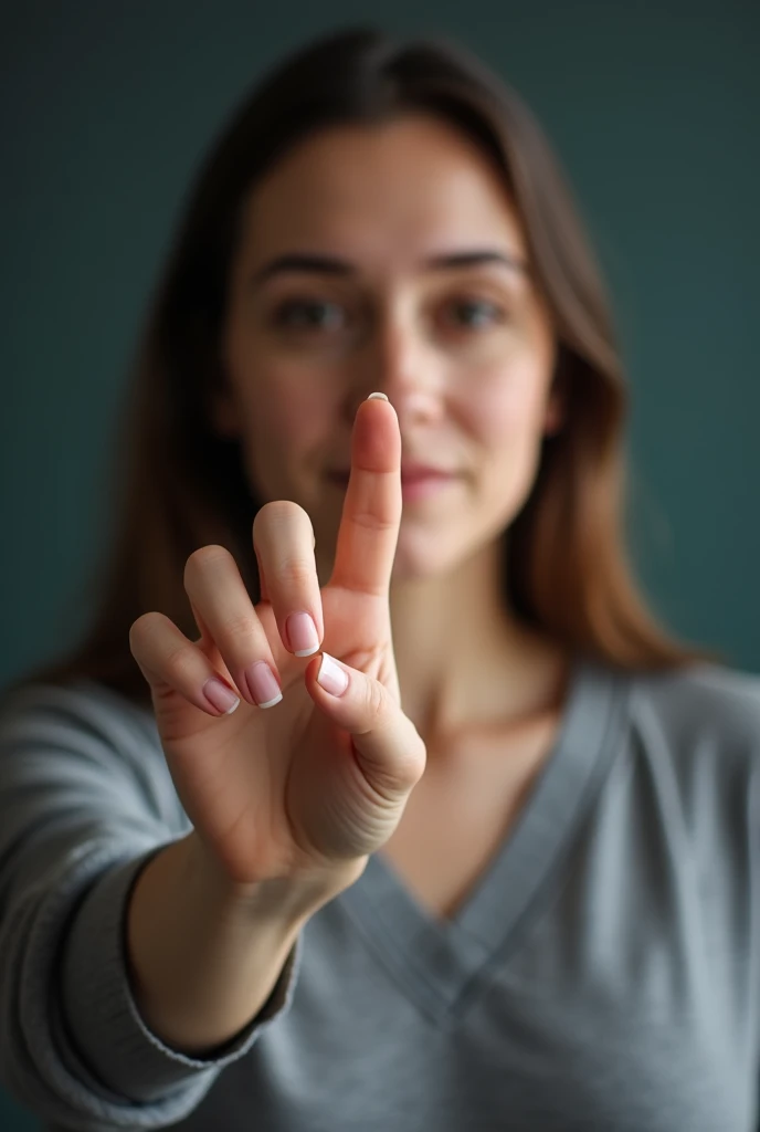 One woman 25 years emo (showing digitus medius) middle finger of hand, ((not indicator finger))