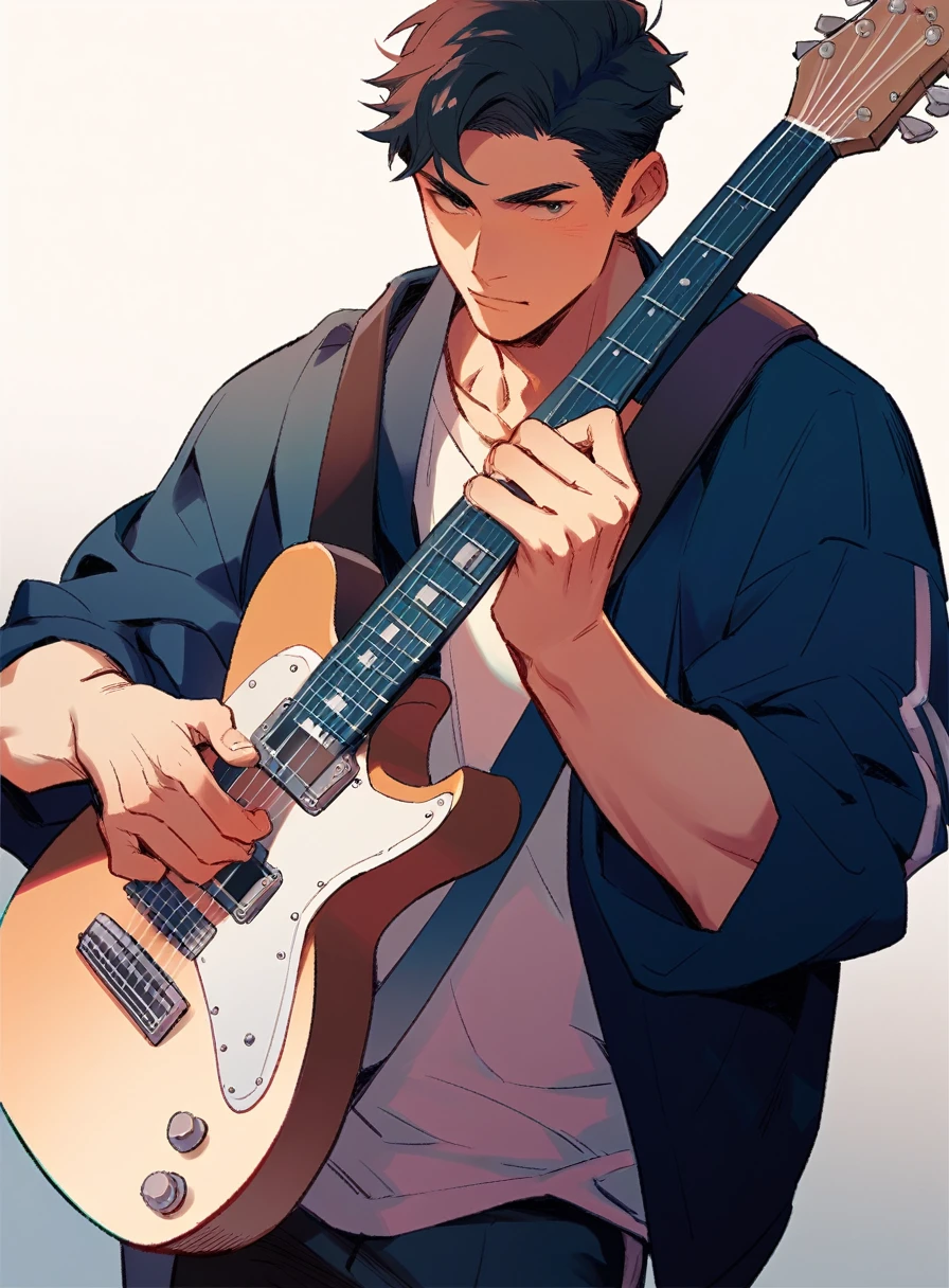 Handsome guy in oversized loose shirt playing guitar