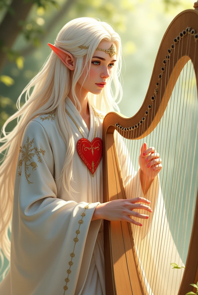 a young elven man with delicate features and fair hair wearing white robes with a winged red heart symbol on his chest, playing the harp anime style