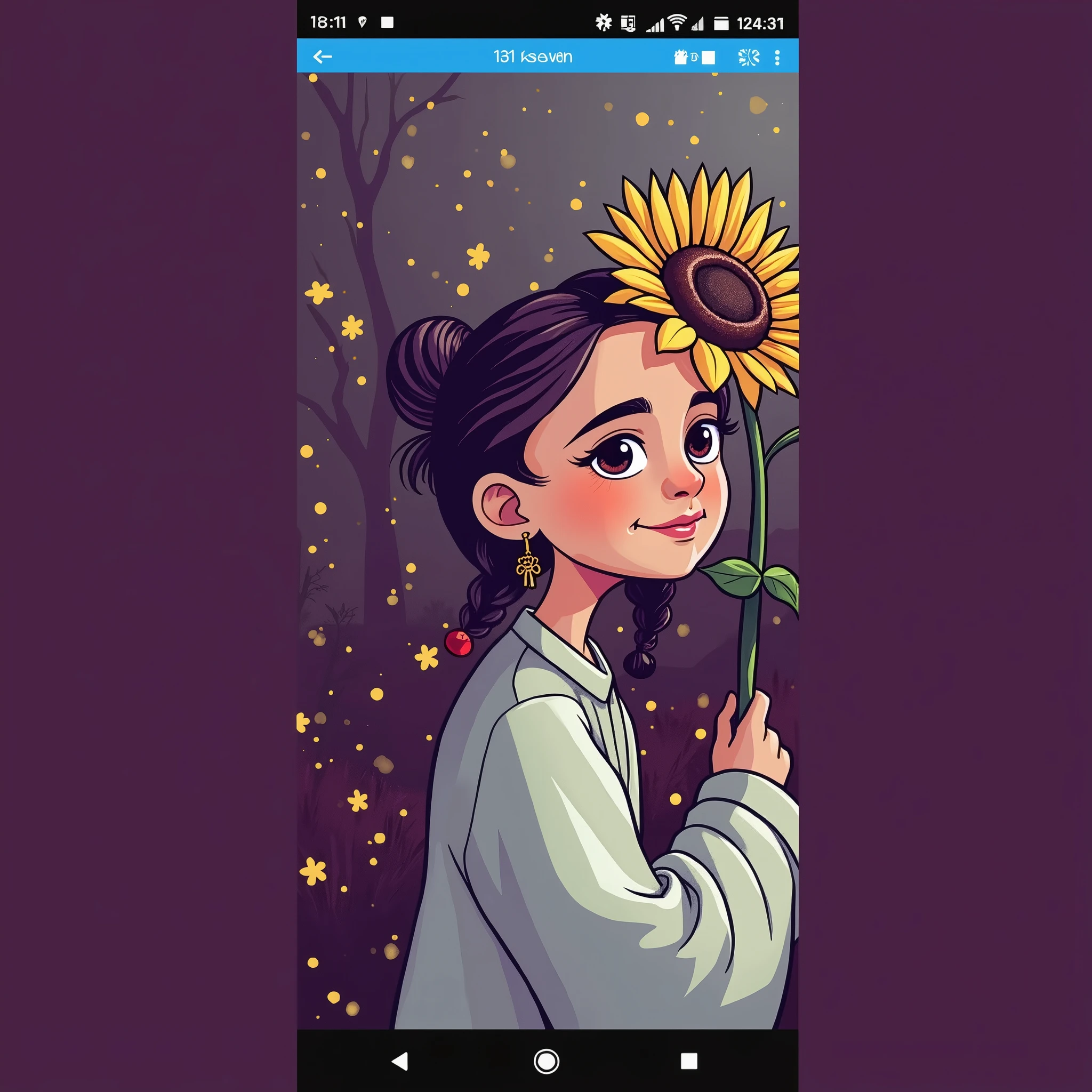 Cute pahadi girl cartoon with real face structure holding sunflower 