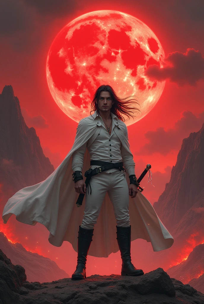 Background of fire around mountains and red sky with a giant blood moon Front Young white man in his 20s Muscular defined face without beard Green eyes Long straight black hair flying in the wind White long sleeve shirt White leather pants White cloak with buttons closed from neck to waist, black details on the buttons Black steel boots that extend to the knee Black steel sword with hilt wrapped in white ribbon Black steel armband