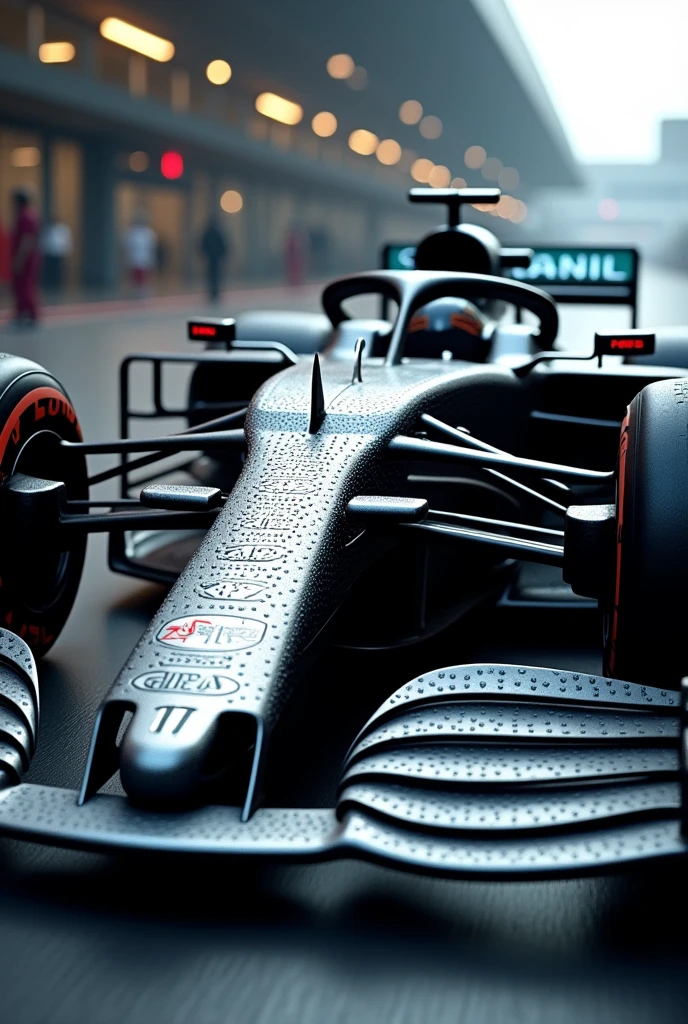 I draw a Formula 1 car with a chassis full of dimples on its surface