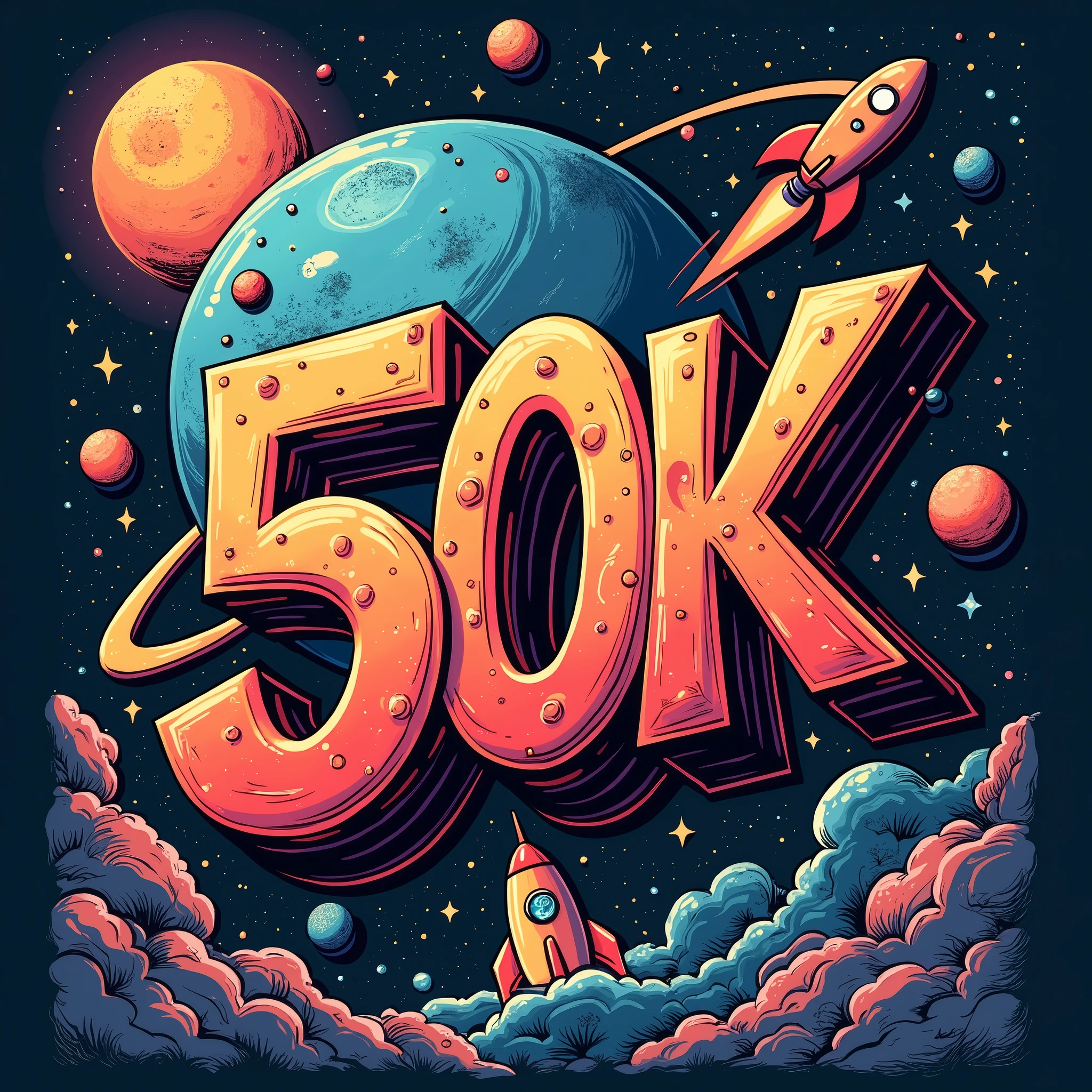 A design graffiti art, (graffiti art, metallic letters, poster saying "50K"). (Another medium tittle "OBRIGADO", "THANK YOU", "GRACIAS"). It features a graffiti art with metallic letters, planet illustration background, rocket. The tittle is in bold, graffiti style typography with a catchy tagline, "Followers". ((small tittle "GUSTAVO YABAI"))