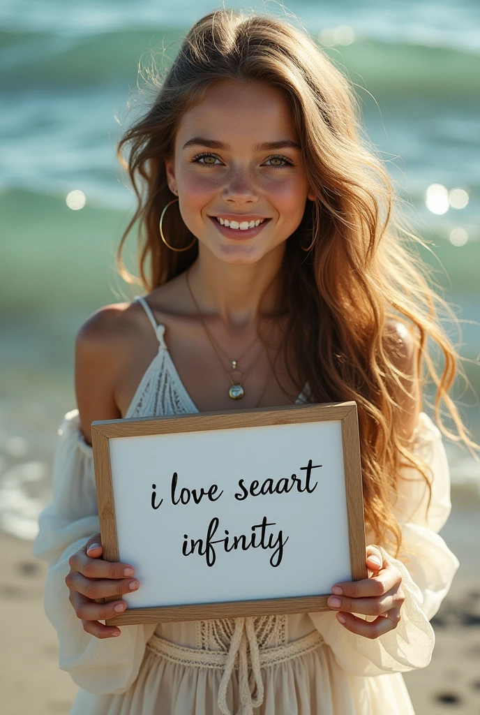 Beautiful girl with wavy long hair, bohemian dress, holding a white board with text "I Love Seaart Infinity" and showing it to the viewer