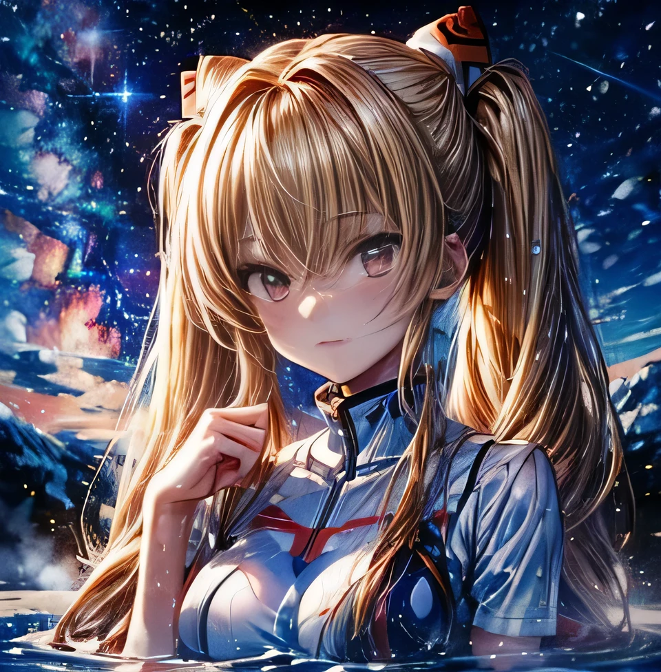 Eva Shikinami Asuka Langley Whole Person Blonde long twintails hot spring Milky Way Galaxy Snow Scene