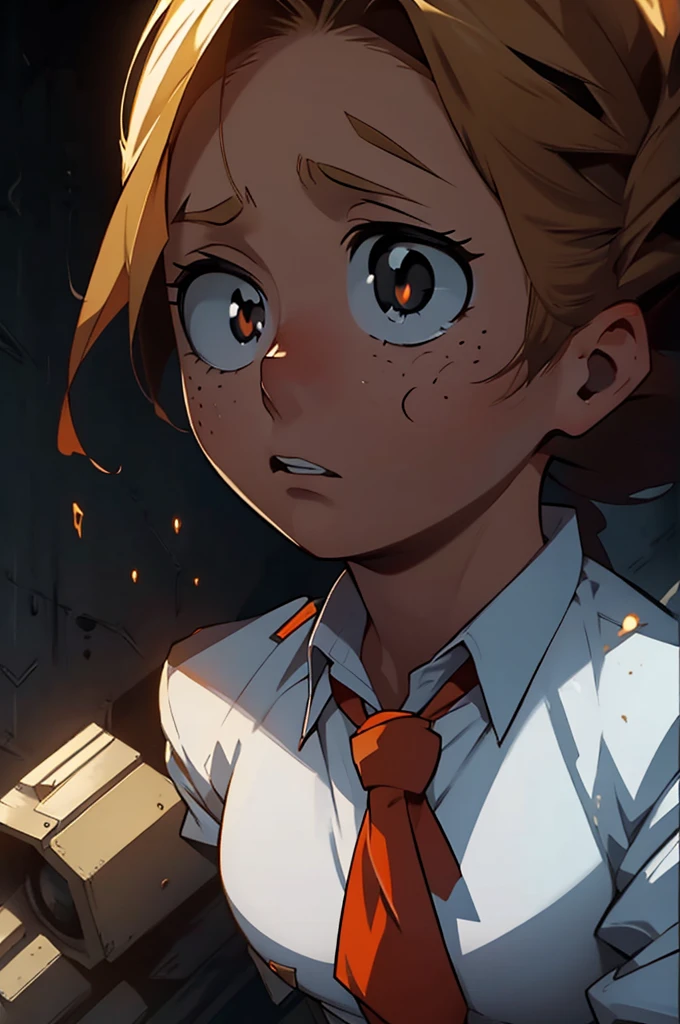 A front-facing image of the same young blonde girl, her hair just above her shoulders, wearing a school uniform. The uniform consists of a crisp white shirt, a red blazer, and a black tie. Her eyes, usually determined, are now wide with fear, glowing golden as they reflect the terror of what she sees in front of her. Her expression is one of intense fright, her face pale with a few freckles standing out against her skin. The background is shadowy and ominous, enhancing the sense of danger and fear. The scene captures the moment of vulnerability and shock, contrasting with her usual heroic demeanor.