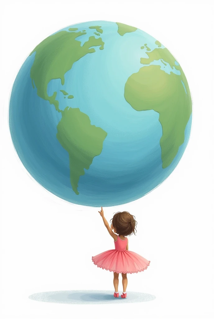 a ballerina pointing to Europe on planet Earth bigger than her big and beautiful and she stands below with her back turned, the most beautiful and biggest planet than her, on the other side the planet is on a white background, the ballerina has short hair that leans towards brown with more blonde and has slightly darker skin, I want it to look like a drawing, a cute and cute child&#39;s drawing, more drawn, pink clothes and she a little lighter