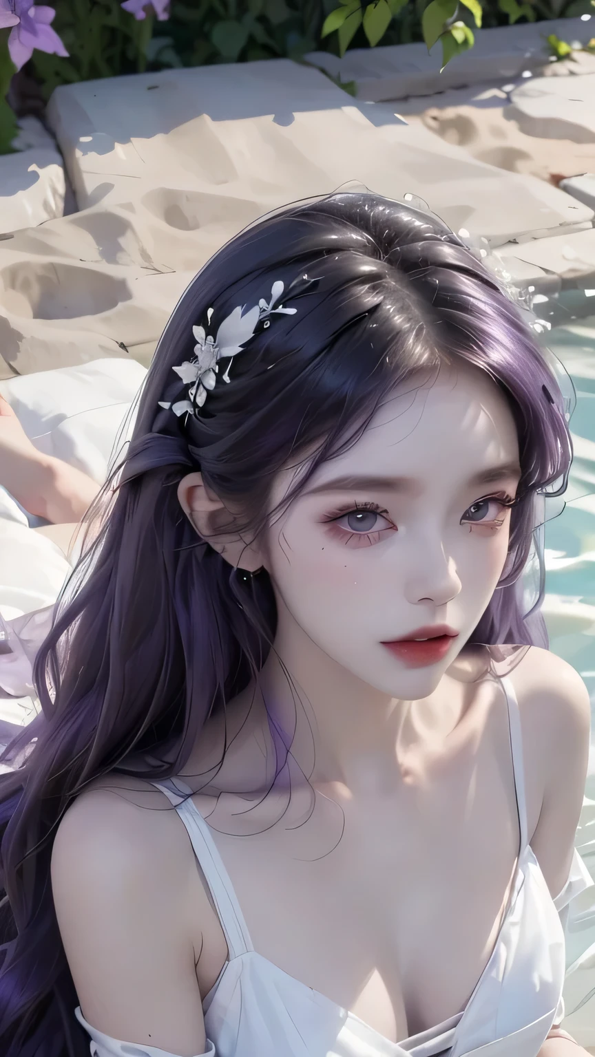 (((RAW photos , Extremely detailed, best quality, high resolution, Solitary,)))
rest、(Compared:1), whole body、 View from directly above, Lying in the garden, Hit the ground with your back、
rest、 (((Purple Hair Beach Waves ))), (((cosmetic))),Large Breasts,
rest、White effect, White Wings:1.2 , White Angel:1.2, ((night)) 、
rest、Vampire Castle, detailed background,, moon、
rest、Antonio Riva Dress:1.1,Dress made of slightly transparent fabric:1.3、(very complicated:1.2), alta fantasia, Pretty Face, Pointed ears,
rest,background, monochrome, Grayscale, barefoot, rest、outdoor、river