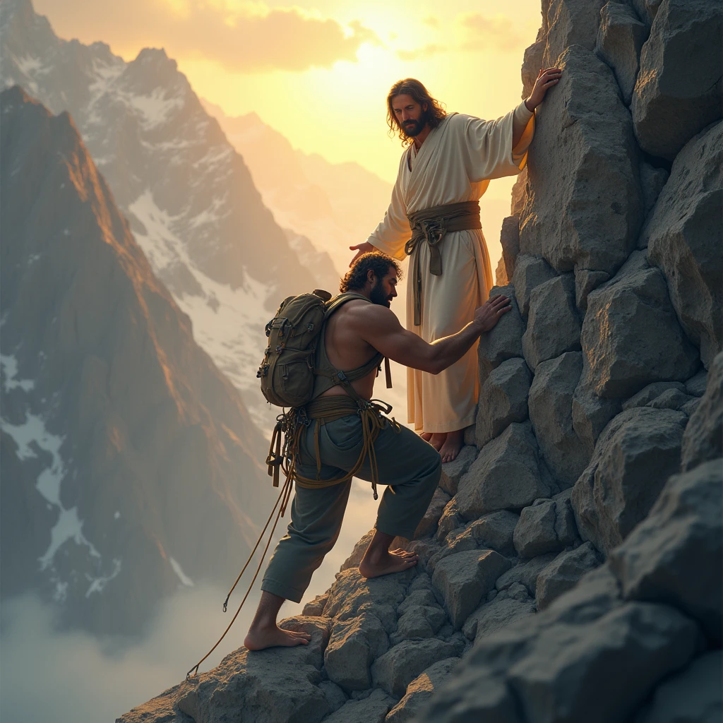 Visualize a climber on a steep, rugged mountain, exhausted but determined, with Jesus standing behind them, His hand gently on their back, providing strength and support. The sky above is filled with a radiant light, symbolizing divine power and encouragement.