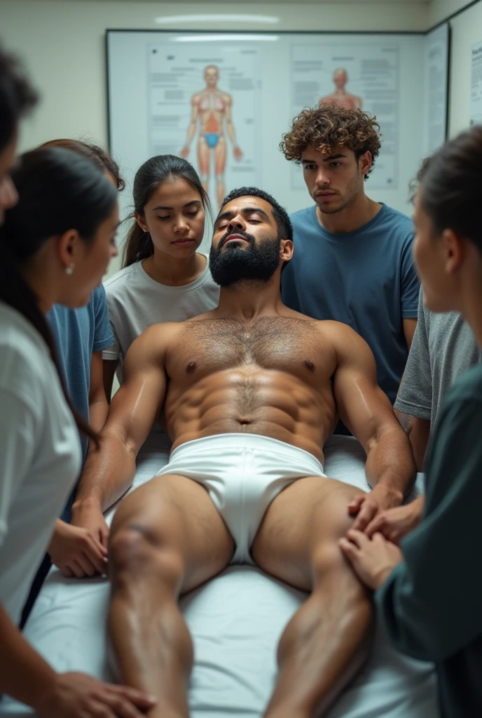 In an anatomy classroom, a mixed-race Brazilian man, stark, very bearded and hairy body, is lying on an examination table, wearing only white underwear. He is touched and examined closely by a group of curious casually dressed students around him., all focused on learning about the human body. The school classroom is bright. 