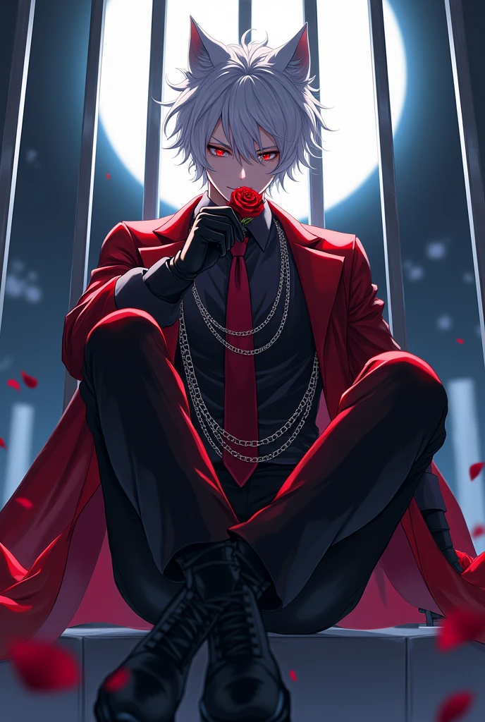 An anime boy who looks , Short white hair down to his neck with wolf ears and red eyes wearing a red and black suit with chains coming out of his clothes and black boots he smiles smelling a rose behind him some silver bars and the night he is sitting