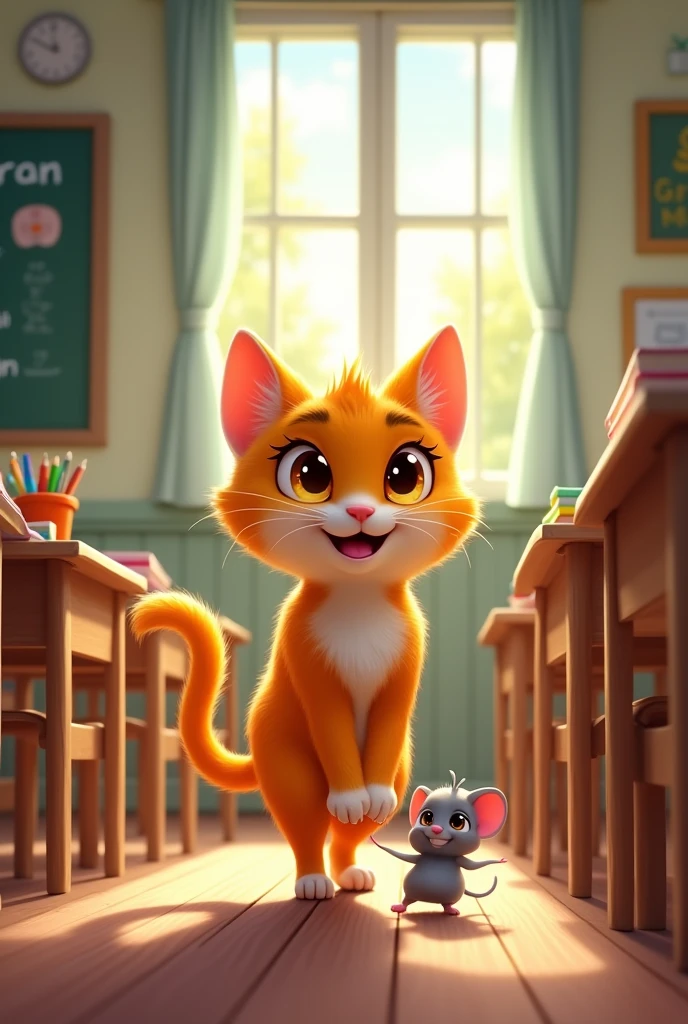 A HAPPY YELLOW AND RED EXPRESSION CAT LEADS A GREY MOUSE INTO A SCHOOL CLASSROOM