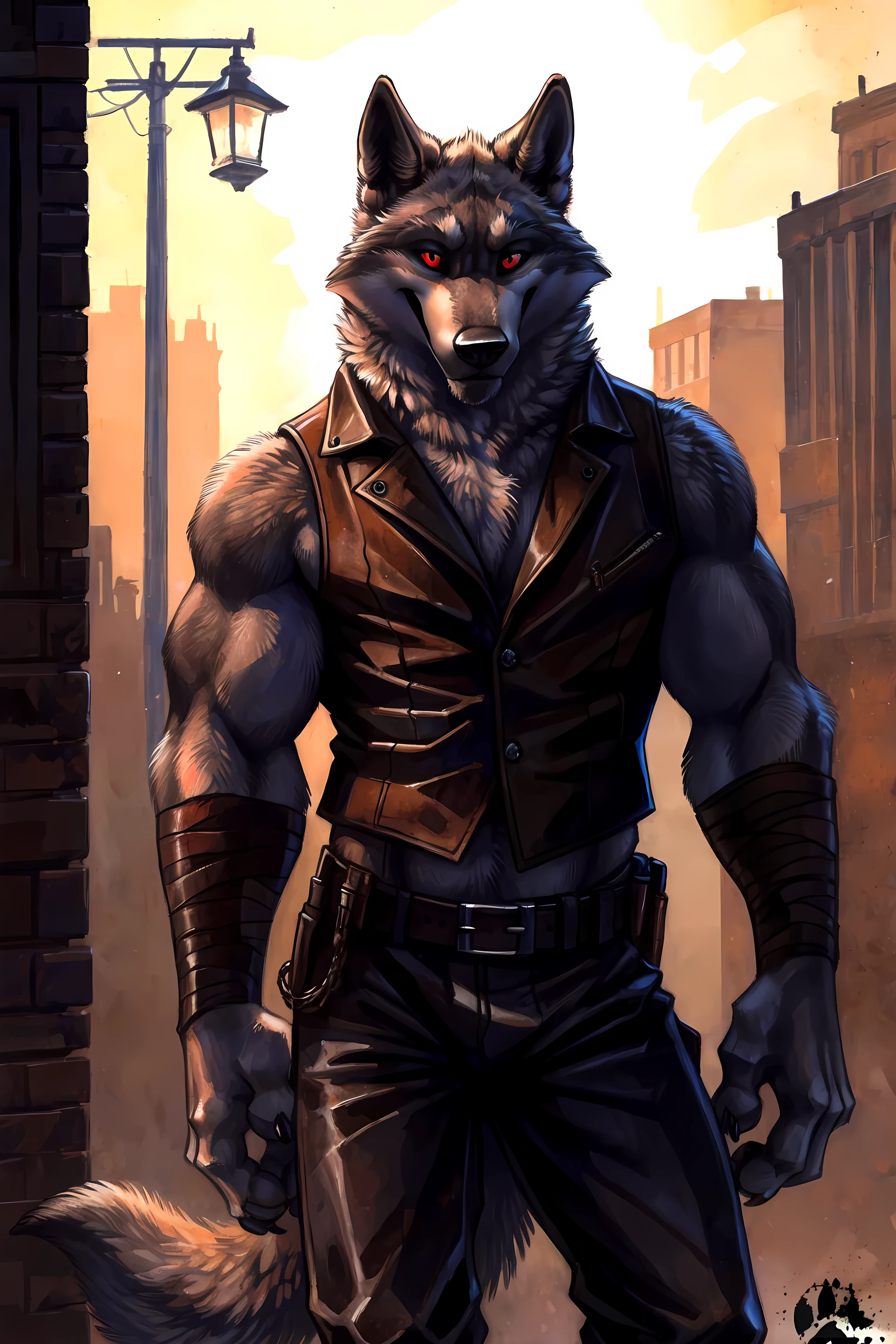 death (puss in boots), front view, facing camera, muscular chest, detailed fur, correct lighting, correct shadows, night:1.2, outdoors, by blotch, wolf tail, correct proportions, correct anatomy, correct muscles, leather vest:1.1, leather pants:1.1, belt buckle:1.1, detailed belt buckle, detailed belt, red eyes, (strong shadows, dramatic shadows, dark, darkness, dim):1.2,