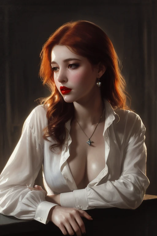 , sitting on a table , (heavy eyeshadow, red lips), slender, White open shirt, no bra, pendant, fantasy art, concept art, delicate features, feminine, auburn hair, seductive, Chiaroscuro lighting, (style of howard chandler christy:1.0), (charcoal sketch by jean-joseph benjamin-constant:1.3)