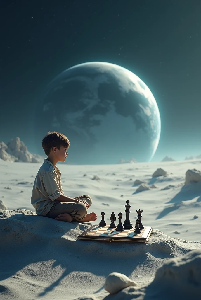 A boy sitting on the moon watching the world, playing chess at the same time 