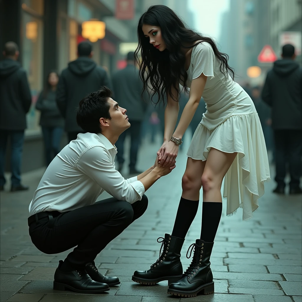 A man crawling on the ground, a gothic white woman standing, wearing a white dress, with black wavy hair, green eyes, black thigh high socks, combat boots. She has her foot up. And he kisses the sole of her boot. He is kissing her foot. In a public sidewalk, hyperrealism
