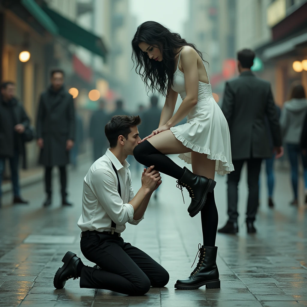 A man crawling on the ground, a gothic white woman standing, wearing a white dress, with black wavy hair, green eyes, black thigh high socks, combat boots. She has her foot up. And he kisses the sole of her boot. He is kissing her foot. In a public sidewalk, hyperrealism