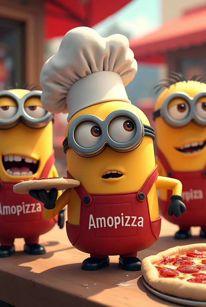 Minions in pizzeria clothes with print saying amopizza