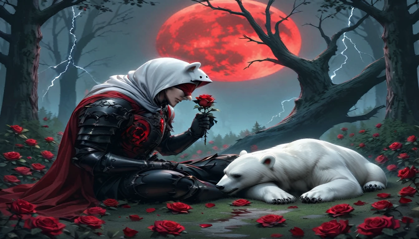 Male knight with a white hood with bear ears with sword behind his back sits on the ground towards a polar bear in a forest while the moon shines, many Roses cover the ground and lightning falls from the sky. The polar bear sleeps in front of the knight. Only the man wears a red blindfold. In the background of the picture is the blood moon and a tree has fallen down in the path. The forest is full of trees with leaves. The armor of the man is black and red roses decorate it. The knight smells on a rose.
