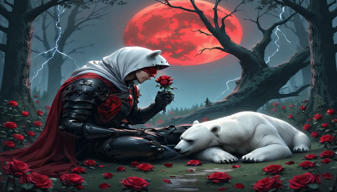 Male knight with a white hood with bear ears with sword behind his back sits on the ground towards a polar bear in a forest while the moon shines, many Roses cover the ground and lightning falls from the sky. The polar bear sleeps in front of the knight. Only the man wears a red blindfold. In the background of the picture is the blood moon and a tree has fallen down in the path. The forest is full of trees with leaves. The armor of the man is black and red roses decorate it. The knight smells on a rose.