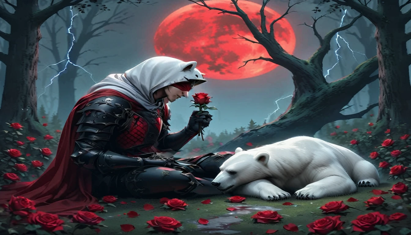 Male knight with a white hood with bear ears with sword behind his back sits on the ground towards a polar bear in a forest while the moon shines, many Roses cover the ground and lightning falls from the sky. The polar bear sleeps in front of the knight. Only the man wears a red blindfold. In the background of the picture is the blood moon and a tree has fallen down in the path. The forest is full of trees with leaves. The armor of the man is black and red roses decorate it. The knight smells on a rose.
