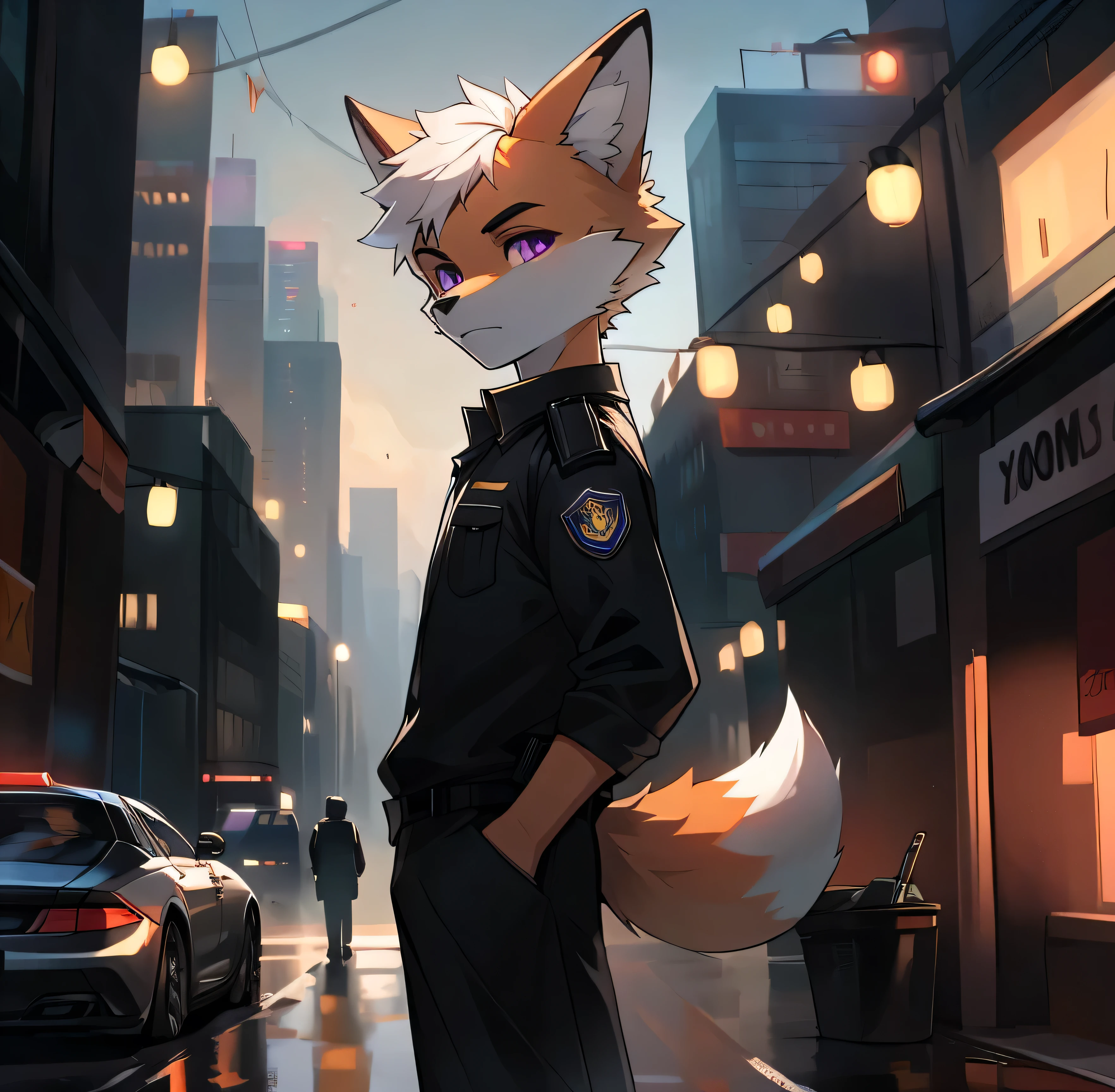 anthropomorphic male fox,Orange fur,No hair,Purple Eyes,There is a small ball of white hair on the head,Dressed in black,Standing next to the police car