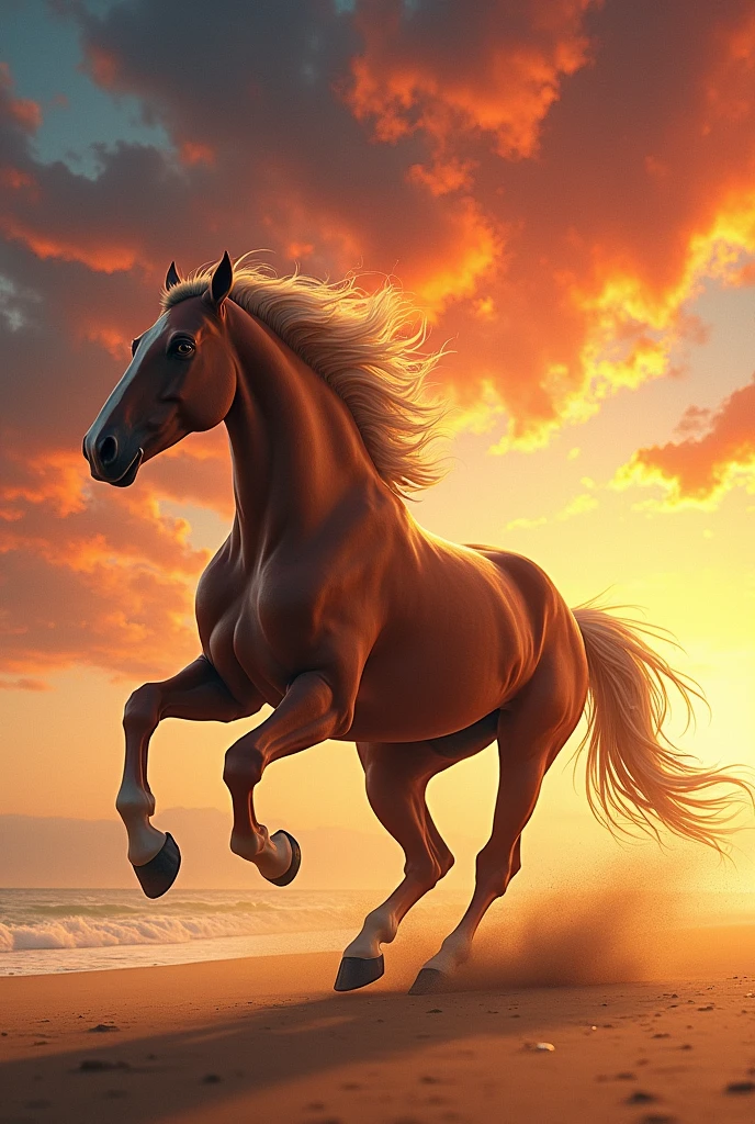 Horse running on the beach with red sky and blue rays