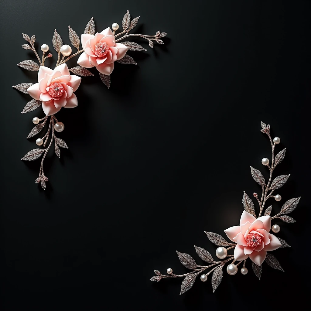 "Create a luxurious background with a deep black, subtle textured surface that radiates sophistication. Position pink and white bouqutee like flowers with beads perals in the upper left corner, and complement them with a cluster of sparkling crystals and similar leaves in the bottom right corner in small in size in tiny size. The scene should be realistically lit, with soft highlights emphasizing the elegance and depth of the black backdrop, perfect for showcasing jewelry."





