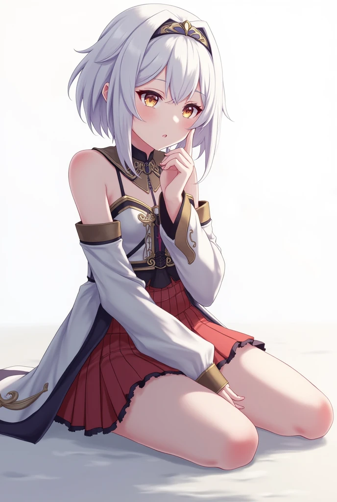 Furina from the game "Genshin Impact", wearing her signature outfit from the game, in a thoughtful expression while sitting on the ground. The background is white, with soft, ambient lighting that creates a moment of reflection. The style is anime, in 8K quality, with natural light. The composition is a close-up of Furina with a low angle to emphasize her figure.