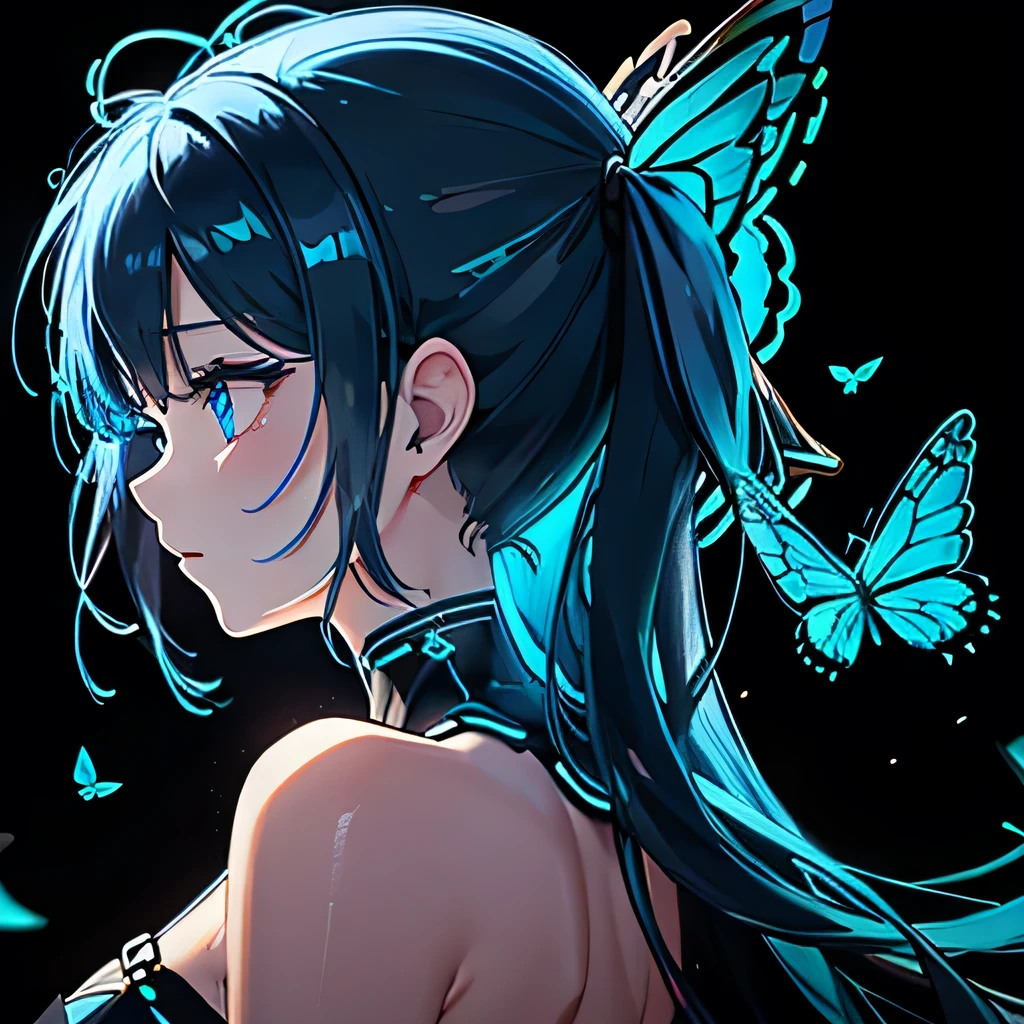 Many blue butterflies、Background black、Line Art、Neon lights