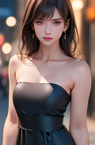 (((best quality))),1 female,slender face,(((arms behind))),(((cool beauty))),Black Hair,Brown Eyes,medium hair,straight hair,small breasts,looking at viewer,2,No pubic hair,Height: 160cm,(full body),blouse,Standing in a busy street at night,mini skirt,Provocative look,bangs,Seductive expression,