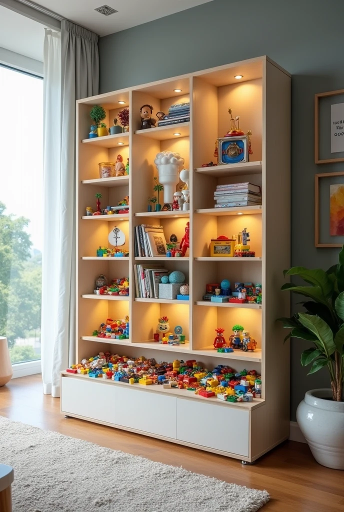 Make an innovative storage shelf for Legos that has compartments