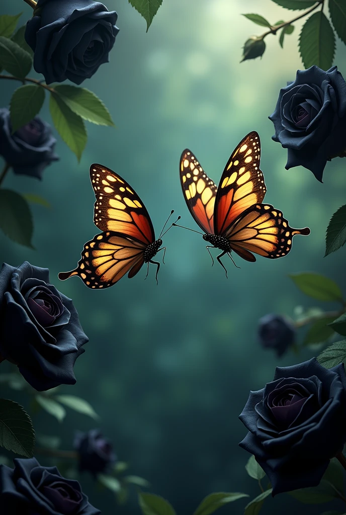 two butterflies flying together with black roses