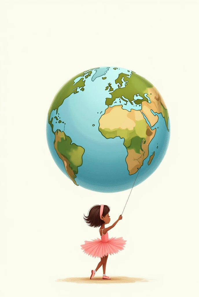 a ballerina pointing to Europe on planet Earth bigger than her big and beautiful and she stands below with her back turned, the most beautiful and biggest planet than her, on the other side the planet is on a white background, the ballerina has short hair that leans towards brown with more blonde and has slightly darker skin, I want it to look like a drawing, a cute and cute child's drawing, more drawn, pink clothes and she a little more