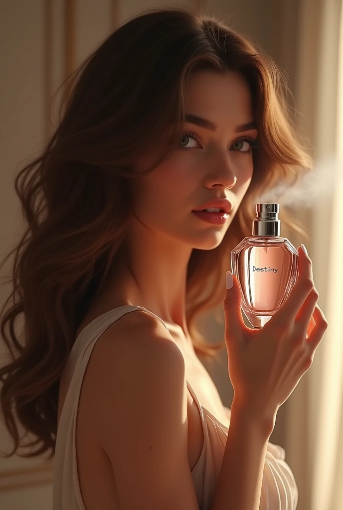 Create the image of a woman with brown hair, long hair length, spraying perfume on her hair, the perfume bottle needs to be 4cm wide, 13.5cm high, 2.5cm deep, silver spray, pinkish color and with the "DESTINY" written on the bottle.