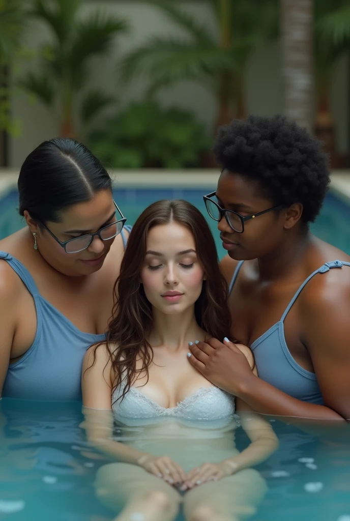 Create a photo of a 30 year old young woman, with long light brown wet hair with strands of hair on the face, slender and beautiful body, completely naked, with white and clear skin, taking a bath in a pool having his body rubbed by two black teenagers, dark-skinned, obese, ugly, low, with short hair who is wearing a blue dress and glasses