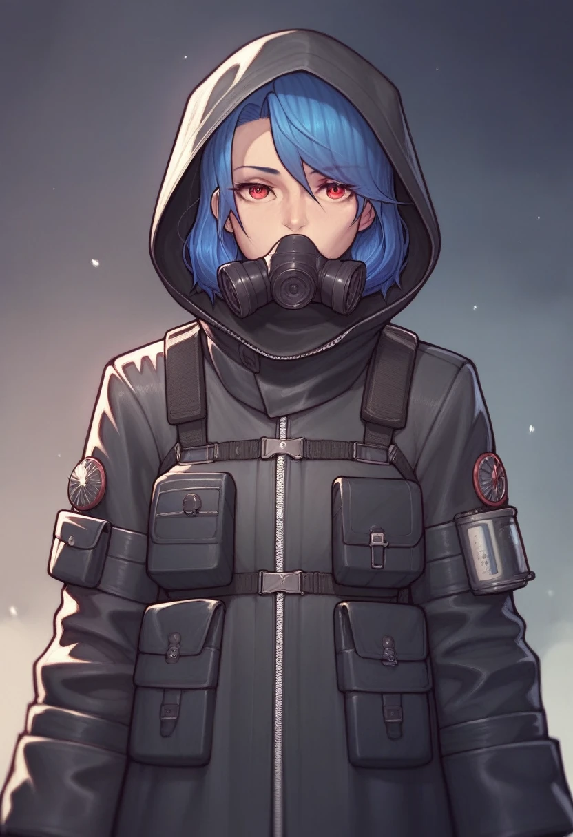 _asura style, 1girl, solo, blue hair, red eyes, military respirator, eye under hair, hood, black raincoat, cowboy shot, night background