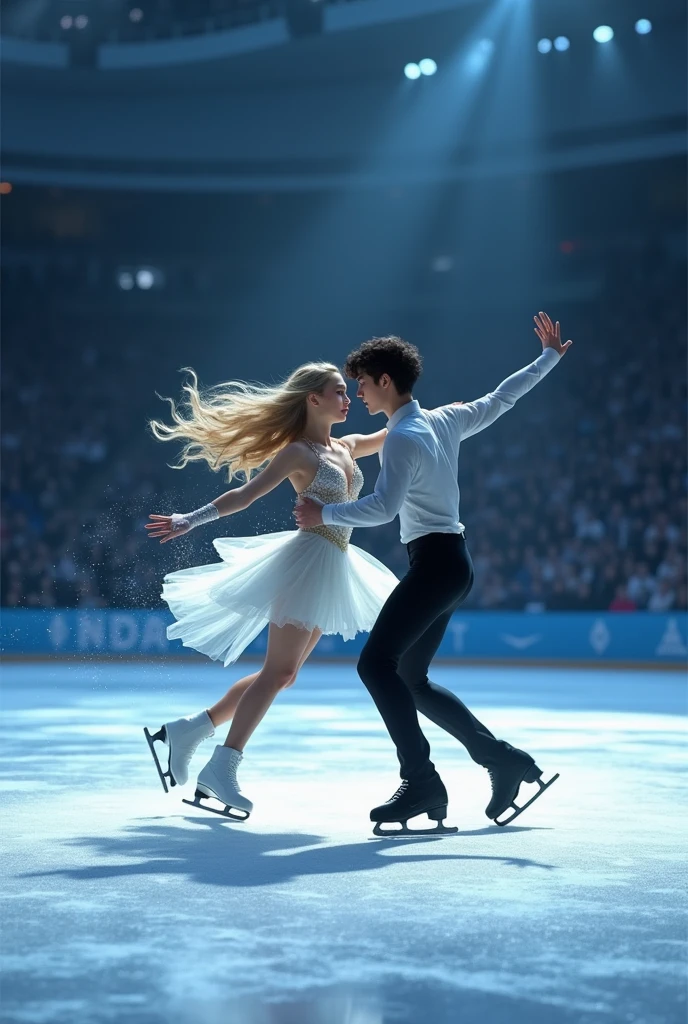 Generate an image of a pair of ice skaters, a blonde girl with long hair and a boy with black hair. create 5 images